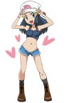  1girl :d beanie black_hair blue_shorts boots bracelet brown_footwear buttons commentary_request dawn_(pokemon) eyelashes full_body grey_eyes grey_shirt hainchu hair_ornament hairclip hands_on_headwear hands_up hat heart highres jewelry knees long_hair looking_at_viewer open_mouth pokemon pokemon_(anime) pokemon_dppt_(anime) poketch shirt short_shorts shorts sidelocks simple_background sleeveless sleeveless_shirt smile socks solo standing tongue watch white_background white_headwear wristwatch 