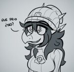  anthro aquilops beanie clothed clothing dialogue dinosaur female goodbye_volcano_high hair hat headgear headwear long_hair looking_at_viewer monochrome reptile rosa_(gvh) scalie seven_(artist) snoot_game_(fan_game) solo spanish_text spikes spikes_(anatomy) talking_to_viewer text winter_clothing 