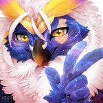  1:1 2022 ambiguous_gender anthro artist_name avian azuza beak beak_piercing bird black_beak bust_portrait cheek_tuft chest_tuft cielo_(owlonfire) dated facial_piercing facial_tuft feather_hands feathers furgonomics furry-specific_piercing glistening glistening_eyes hi_res looking_at_viewer orange_beak owl piercing portrait pupils simple_background smile solo tuft two_tone_beak unusual_pupils yellow_body yellow_feathers 