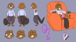  anthro armchair beaver boxers_(clothing) brown_body brown_fur chair chest_tuft clothed clothing eyewear fur furniture glasses happy hi_res humanoid male mammal model_sheet ojisan_mopy open_clothing open_shirt open_topwear rodent shirt solo tail topwear tuft underwear 