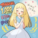  1girl :d bangs bare_arms blonde_hair blush braid closed_eyes collared_dress commentary_request dress eyelashes facing_viewer hands_up heart highres kinocopro lillie_(pokemon) long_hair milestone_celebration open_mouth own_hands_together pokemon pokemon_(game) pokemon_sm sleeveless sleeveless_dress smile solo thank_you translation_request twin_braids white_dress 