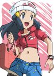  1girl :d alternate_costume bag beanie black_hair blue_shorts border bracelet commentary_request cropped_jacket dawn_(pokemon) eyelashes grey_eyes hainchu hair_ornament hairclip hat highres holding jacket jewelry long_hair looking_to_the_side navel open_mouth pantyhose pink_jacket pokemon pokemon_(anime) pokemon_dppt_(anime) poketch red_shirt shirt short_sleeves shorts sidelocks smile solo tongue watch white_border white_headwear wristwatch 