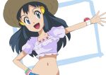  1girl :d alternate_costume bangs black_hair bracelet brown_headwear collarbone commentary_request cropped_shirt dawn_(pokemon) eyelashes frills grey_eyes hainchu hair_ornament hairclip hand_on_hip hat highres jewelry long_hair looking_at_viewer navel open_mouth outstretched_arm pokemon pokemon_(anime) pokemon_dppt_(anime) poketch purple_shirt shirt sidelocks smile solo tongue upper_body watch wristwatch 