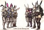  6+girls animal_ears armor armored_boots black_eyes black_hair blonde_hair blue_eyes blue_hair boots brown_hair corset cowter english_text full_body gorget high_heel_boots high_heels highres long_hair looking_at_viewer multiple_girls original pauldrons pink_eyes pink_hair plate_armor puffy_sleeves rabbit_ears red_hair short_hair shoulder_armor sidelocks simple_background standing vanishlily wavy_hair white_background 