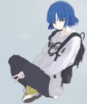  1girl absurdres backpack bag blue_hair bocchi_the_rock! commentary dorarin highres light_smile short_hair simple_background sitting solo v yamada_ryou yellow_eyes 