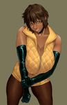  1girl akr akr_(qpqpqp) bare_shoulders breasts brown_hair brown_skin cleavage dark-skinned_female dark_skin elbow_gloves gloves huge_breasts large_breasts looking_at_viewer short_hair solo sweat sweater 