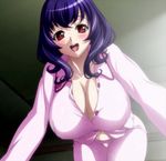  blush breasts cleavage highres huge_breasts looking_at_viewer navel open_mouth purple_hair red_eyes seikon_no_qwaser solo unbuttoned yamanobe_tomo 