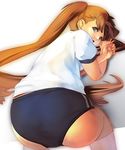  all_fours aqua_eyes ass bangs brown_hair buruma gym_uniform hammer-san long_hair looking_back open_mouth original scared solo thighhighs top-down_bottom-up twintails very_long_hair 