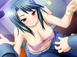  1girl bare_shoulder bare_shoulders blush breasts cleavage erect_nipples game_cg indoors male_hand 
