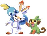  2019 alpha_channel ambiguous_gender batcrooks beady_eyes big_ears blue_cheeks blue_eyes blue_skin blue_tail brown_ears brown_eyes brown_markings brown_tail cheek_spots crouching curled_tail dipstick_ears eye_contact facial_markings featureless_feet fur green_fur grookey group happy lagomorph long_ears mammal markings mask_(marking) nintendo offering_to_another on_shoulders pok&eacute;mon pok&eacute;mon_(species) primate rabbit red_markings scorbunny sharp_teeth simple_background smile sobble socks_(marking) standing tears teeth transparent_background video_games white_fur 