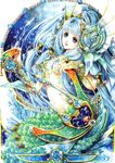  blue_eyes blue_hair head_fins highres long_hair mermaid monster_girl nao_tsukiji scales smile solo water 