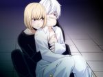  akane_(artist) akane_(company) blond_hair blonde_hair blue_eyes blush death_note mello near open_clothes open_shirt shirt sweat white_hair yaoi 