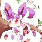  alternate_color artist_name bow branch commentary creatures_(company) english_commentary game_freak gen_6_pokemon hanging_on_tree in_tree looking_to_the_side nintendo no_humans number pokemon purple_eyes purpleninfy ribbon simple_background smile sylveon tree white_background 