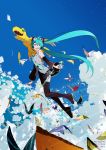  1girl agumon aqua_eyes aqua_hair aqua_neckwear artist_name bandai bare_shoulders belt blue_sky breasts bug butterfly claws cloud cloudy_sky commentary company_name crescent_moon crossover detached_sleeves digimon digimon_adventure_tri. digivice fangs female flying full_body green_eyes hair_ornament hatsune_miku headset highres holding insect island long_hair looking_back moon necktie ocean official_art sharp_teeth shiny shirt shoulder_tattoo skirt sky sleeveless sleeveless_shirt smile star_(sky) starry_sky tattoo teeth thighhighs twintails uki_atsuya very_long_hair vocaloid 