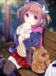  backpack bag baozi beige_sweater bench beret blue_hat blue_jacket blurry blurry_background blush bow brown_hair brown_legwear commentary_request depth_of_field esureki fingernails food food_in_mouth hair_bobbles hair_ornament hat hat_bow highres holding holding_food jacket looking_at_viewer mouth_hold on_bed on_bench open_clothes open_jacket original park_bench pink_scrunchie plaid plaid_skirt plastic_bag pleated_skirt red_eyes red_skirt scrunchie shopping_bag sitting sitting_on_bed skirt sleeves_past_wrists solo sweater thighhighs two_side_up white_bow 