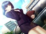  1girl blue_hair business_suit game_cg outdoors sky solo 