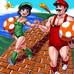  1boy 1girl blush breasts cleavage genderswap luigi mario mario_(series) masao nintendo outdoors sky smile super_mario super_mario_bros. 