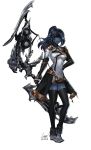  1girl au_ra bard_(final_fantasy) black_hair black_legwear black_skin boots bow_(weapon) commission dragon_horns dragon_tail elbow_gloves final_fantasy final_fantasy_xiv full_body gloves highres holding holding_weapon horns leirix_(leirixart) long_hair looking_at_viewer ponytail scales shoulder_armor showgirl_skirt silver_eyes smile solo standing tail thighhighs weapon white_background 