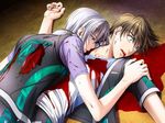  blood brown_hair hug ibuki_takamura silver_chaos silver_hair takatsuki_noboru yaoi yuuri_mimori 