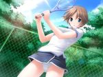  1girl character_request cuffs_(company) fence game_cg hazuki_rio oniichan_daisuki!_-love?_or_like?- open_mouth outdoors panties racket short_hair sky solo source_request sportswear tennis_racket tennis_uniform underwear yuuki_mitsuru 