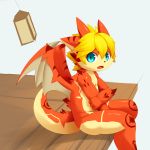  2016 anthro big_eyes big_head blonde_hair blue_eyes child countershade_face countershade_tail countershade_torso countershading diamond_eyes dragon elbow_spikes hair hand_between_legs holding_arm kemono lantern looking_at_viewer male membranous_wings nude open_mouth orange_skin rann scalie short_hair side_view simple_background sitting small_wings solo spread_wings white_background white_countershading white_skin wingclaws wings wood_floor young 