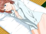  1girl anezaki_mamori bed blue_eyes blush bottomless brown_hair eyeshield_21 from_above game_cg lying maten on_side open_clothes open_shirt pillow shirt short_hair solo 