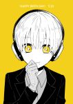  1boy absurdres bangs child commentary commentary_request formal gloves happy_birthday headphones highres kemono_jihen kurigohan626 long_sleeves looking_at_viewer male_child male_focus mole mole_under_mouth necktie nowaki_homuramaru simple_background smile solo suit yellow_background yellow_eyes 