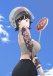  1girl absurdres arm_tattoo artist_name bare_arms bare_shoulders black_hair black_pants blue_eyes blue_sky breasts camisole cowboy_shot day from_side helmet highres large_breasts lexielex looking_at_viewer looking_to_the_side original outdoors pants road_sign short_hair sign sky solo stop_sign tattoo 