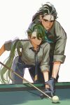  1boy 1girl ahoge androgynous ball bangs billiard_ball billiards black_gloves black_hair black_necktie black_pants bright_pupils collared_shirt cue_stick earrings gloves green_hair grey_eyes grey_hair grey_shirt highres holding_cue_stick jewelry larry_(pokemon) long_hair long_sleeves multicolored_hair necktie pants pokemon pokemon_(game) pokemon_sv ponytail pool_table red_eyes rika_(pokemon) shirt short_hair ssibalmas streaked_hair suspenders table thick_eyebrows two-tone_hair very_long_hair white_pupils 