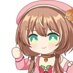  1girl acorn ayunda_risu bow brown_choker brown_hair choker green_eyes hair_ornament hairclip hololive hololive_indonesia jacket leaf_hair_ornament low_twintails pink_bow pink_headwear pink_jacket pom_pom_(clothes) smile solo thumbs_up twintails virtual_youtuber zerorespect_bot 