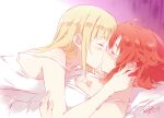  2girls asoka blonde_hair blush closed_eyes dress hair_ribbon hand_in_another&#039;s_hair izetta kiss long_hair lying multiple_girls ortfine_fredericka_von_eylstadt red_hair ribbon short_hair shuumatsu_no_izetta white_dress yellow_ribbon yuri 