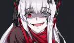  1girl black_background commentary_request crazy_smile grey_hair hair_ornament hairclip headgear headphones heterochromia highres long_hair lucia:_crimson_abyss_(punishing:_gray_raven) lzypoipoi punishing:_gray_raven red_eyes red_scarf scarf shaded_face sidelocks 