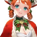  1girl :d annette_fantine_dominic annette_fantine_dominic_(winter) blue_eyes breasts cape capelet cleavage dress fire_emblem fire_emblem:_three_houses fire_emblem_heroes fire_emblem_warriors:_three_hopes fur_trim hair_rings highres jurge looking_at_viewer medium_breasts official_alternate_costume official_alternate_hairstyle orange_hair pom_pom_(clothes) portrait red_cape ribbon simple_background smile solo turtleneck white_background 