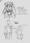 anon anthro bottomwear buckteeth clothing container cup dialogue duo english_text eyeshadow floppy_ears girly human lagomorph larger_human leporid makeup male male/male male_(lore) mammal open_mouth open_smile rabbit s_miles_art shorts size_difference sketch smaller_anthro smile standing teeth text 