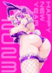  1girl 2023 animal_ears arched_back ass background_text backless_leotard bangs blue_eyes bob_cut breasts bunny_pose chinese_zodiac commentary detached_sleeves english_text fake_animal_ears fake_tail fishnet_sleeves fishnet_thighhighs fishnets frilled_cuffs frilled_sleeves frilled_thighhighs frills from_behind hair_ornament happy_new_year heart heart_hair_ornament highres large_breasts leaning_forward leotard leotard_pull looking_at_viewer looking_back new_year open_mouth original outline pink_background pink_hair playboy_bunny purple_leotard purple_thighhighs rabbit_ears rabbit_tail short_hair smile solo standing stdl strapless strapless_leotard tail thighhighs wedgie white_outline year_of_the_rabbit 