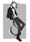  4_eyes absurd_res anthro azuza boots cheek_tuft claws clothed clothing facial_tuft finger_claws footwear full-length_portrait grey_body grey_scales greyscale hi_res horn jacket looking_at_viewer male monochrome multi_eye neck_tuft portrait scales signature simple_background smile solo species_request striped_horn striped_tongue stripes tongue tongue_out topwear tuft 