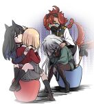  4girls ahoge animal_ears asticassia_school_uniform black_hair blonde_hair collar crossover dog_ears dog_girl dog_tail embarrassed facepalm green_eyes gundam gundam_suisei_no_majo highres hug inoue_takina interlocked_fingers kemonomimi_mode kneeling leash long_hair lycoris_recoil lycoris_uniform michiruuuu831 miorine_rembran multiple_girls muzzle nishikigi_chisato own_hands_together pantyhose ponytail purple_eyes red_hair school_uniform shaded_face shoes short_hair simple_background sitting sitting_on_person skirt spiked_collar spikes studded_collar suletta_mercury tail tail_wagging thick_eyebrows white_hair yuri 