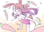  1girl animal_ears armpit_crease asymmetrical_bangs bangs bare_shoulders blunt_bangs brown_hair carrot dot_nose flat_chest kagari_atsuko leotard light_blush little_witch_academia long_hair looking_at_viewer one_side_up open_mouth orenji_(wholesomeorenji) playboy_bunny rabbit_ears rabbit_tail red_eyes red_leotard round_teeth sidelocks smile solo straight_hair strapless strapless_leotard tail tareme teeth upper_teeth_only very_long_hair 