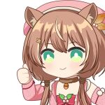  1girl acorn animal_ear_fluff animal_ears ayunda_risu bow brown_choker brown_hair choker green_eyes hair_ornament hairclip hololive hololive_indonesia jacket leaf_hair_ornament low_twintails pink_bow pink_headwear pink_jacket pom_pom_(clothes) smile solo squirrel_ears thumbs_up twintails virtual_youtuber zerorespect_bot 