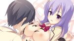  1boy 1girl aria. arihara_satoru bangs black_hair blush bow bowtie breast_sucking breasts chocolate chocolate_on_body chocolate_on_breasts commentary_request eyelashes food_on_body hair_between_eyes head_on_pillow ise_kotori jacket large_breasts light_purple_hair long_hair looking_at_another lying nipples on_back on_bed open_clothes open_mouth purple_eyes red_bow red_bowtie riddle_joker school_uniform shirt short_hair sidelocks smile valentine white_shirt wing_hair_ornament yellow_jacket yuzu-soft 