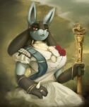  anthro big_breasts blue_body blue_fur breasts canid canine clothed clothing ear_piercing female finger_ring flower fur generation_4_pokemon hi_res lucario mammal nintendo piercing plant pokemon pokemon_(species) red_eyes ring sagaris_uwu solo spikes spikes_(anatomy) 