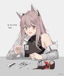  1girl :d @_@ absurdres animal_ears bags_under_eyes blood coffee credit_card drinking_straw english_text gar32 girls&#039;_frontline girls&#039;_frontline_neural_cloud grey_background hair_between_eyes highres holding_straw id_card labcoat long_hair nescafe nosebleed off_shoulder open_mouth persicaria_(girls&#039;_frontline_nc) pink_eyes pink_hair signature simple_background single_bare_shoulder smile snorting solo sweater_vest upper_body 