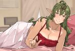  1girl alternate_costume alternate_hairstyle bare_shoulders bed_sheet blush breasts cleavage collarbone commentary curtains english_commentary fingernails fire_emblem fire_emblem_awakening green_eyes green_hair green_nails grin hair_between_eyes hair_ornament highres indoors long_hair looking_at_viewer lying medium_breasts on_bed pillow pointy_ears red_tank_top sakuremi signature sleeveless smile solo tank_top tiki_(adult)_(fire_emblem) tiki_(fire_emblem) under_covers 