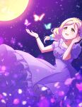  1girl :3 bangs blonde_hair blush bow braid bug butterfly crown_braid dress falling_petals frilled_dress frilled_shirt_collar frills glowing_butterfly green_eyes hair_bow hair_ornament hairclip hand_up highres keplerlovelive long_hair looking_up love_live! love_live!_sunshine!! moon night night_sky ohara_mari open_mouth outstretched_arm petals ribbon short_sleeves sky smile solo sparkle square_neckline star_(sky) starry_sky wind x_hair_ornament 