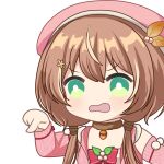  1girl acorn ayunda_risu bow brown_choker brown_hair choker green_eyes hair_ornament hairclip hololive hololive_indonesia jacket leaf_hair_ornament low_twintails open_mouth pink_bow pink_headwear pink_jacket pointing pom_pom_(clothes) solo twintails virtual_youtuber zerorespect_bot 