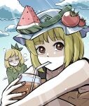  2girls aki_minoriko aki_shizuha blonde_hair commentary_request dress drink drinking drinking_straw fingernails food fruit green_dress hair_ornament hat highres juice leaf_hair_ornament mob_cap multiple_girls outdoors peroponesosu. red_eyes red_nails touhou watermelon 