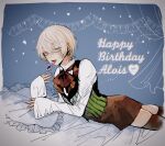  1boy alois_trancy blonde_hair blue_background blue_eyes border brown_shorts candy character_name collared_shirt food happy_birthday heart highres holding holding_candy holding_food holding_lollipop kuroshitsuji lollipop long_sleeves looking_at_viewer lying male_focus on_bed on_stomach pillow shirt short_hair shorts solo star_(symbol) tongue tongue_out tooyan white_border white_shirt 