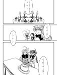  4girls ahoge birthday_cake blush cake candle chuatury_panlunch closed_eyes crossed_arms food gundam gundam_suisei_no_majo long_hair long_sleeves looking_down miorine_rembran monochrome multiple_girls nika_nanaura open_mouth plate same1nohito simple_background smile suletta_mercury table translation_request white_background 