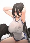  1girl adjusting_hair armpits arms_up black_hair black_wings blue_archive blush breasts buruma chilakkk feathered_wings hair_between_eyes hasumi_(blue_archive) highres large_breasts long_hair looking_at_viewer mole mole_under_eye mouth_hold ponytail red_eyes rubber_band shirt simple_background sleeveless sleeveless_shirt solo sweatdrop thighs twitter_username tying_hair very_long_hair wet wet_clothes wet_shirt white_background wings 