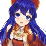  1girl :d bare_shoulders blue_eyes blue_hair breasts cleavage dress fire_emblem fire_emblem:_the_binding_blade hat highres jurge lilina_(fire_emblem) long_hair looking_at_viewer portrait red_dress red_headwear simple_background small_breasts smile solo white_background 